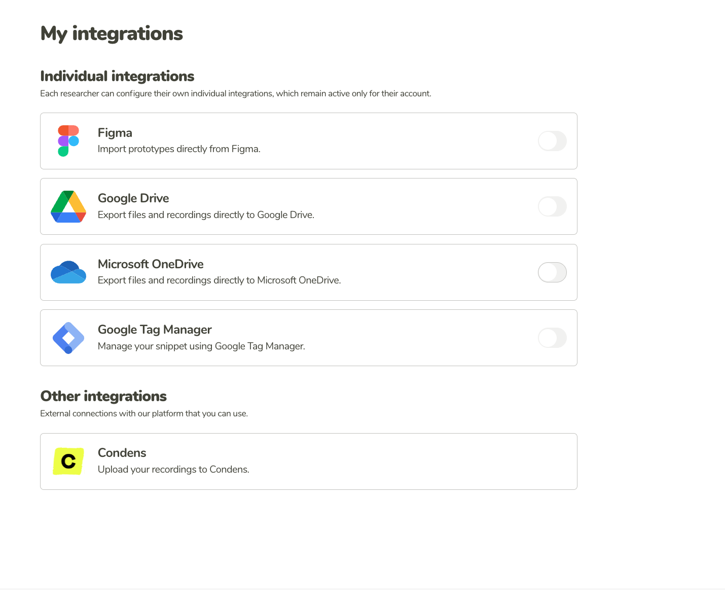 My integrations page
