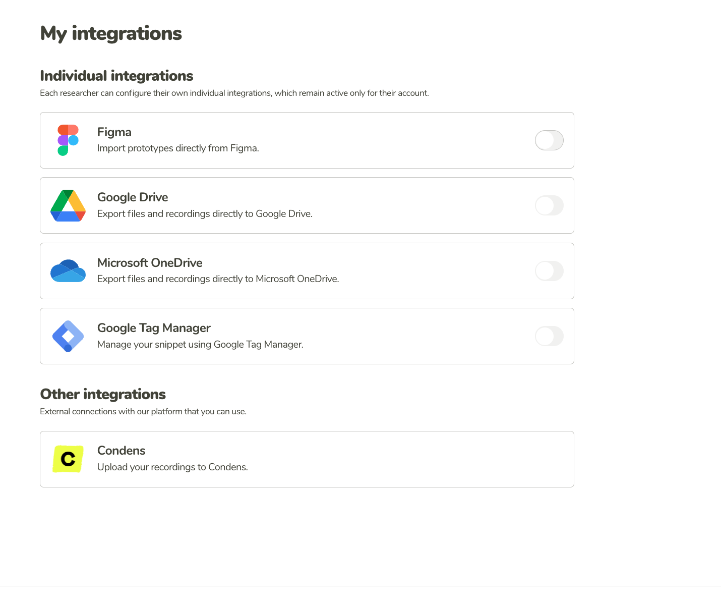 My integrations page