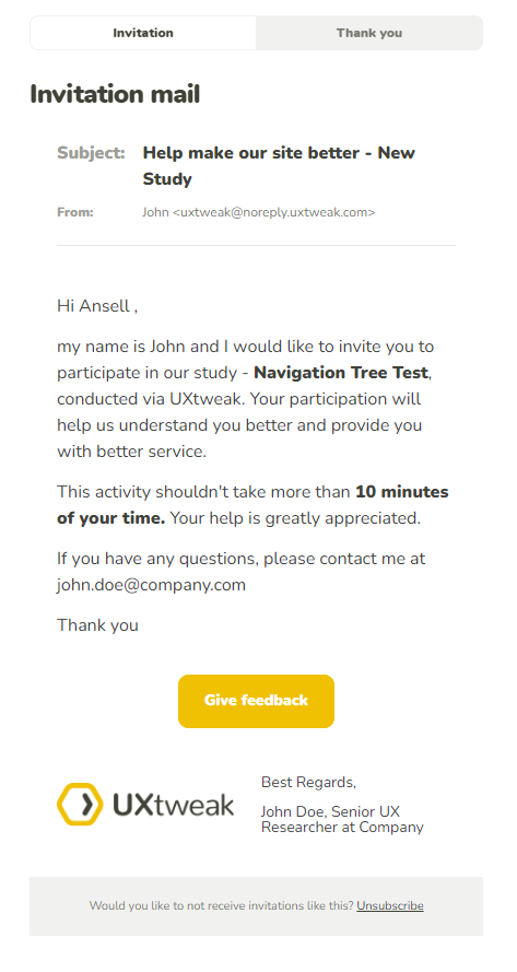 Invitation email preview