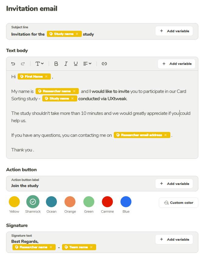 Invitation email setup