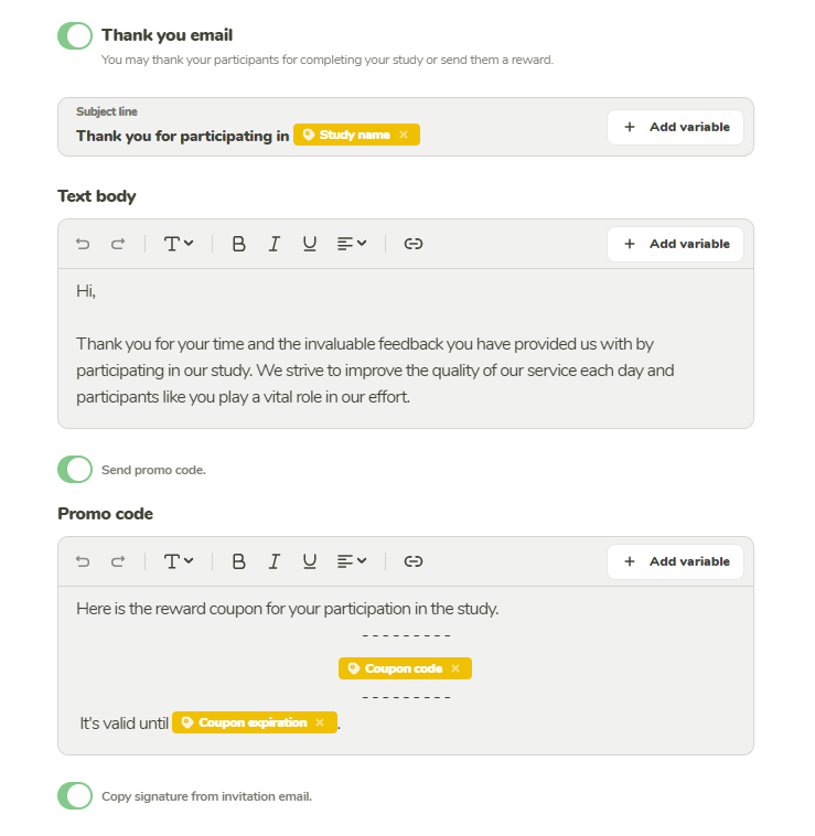 Thank you email setup