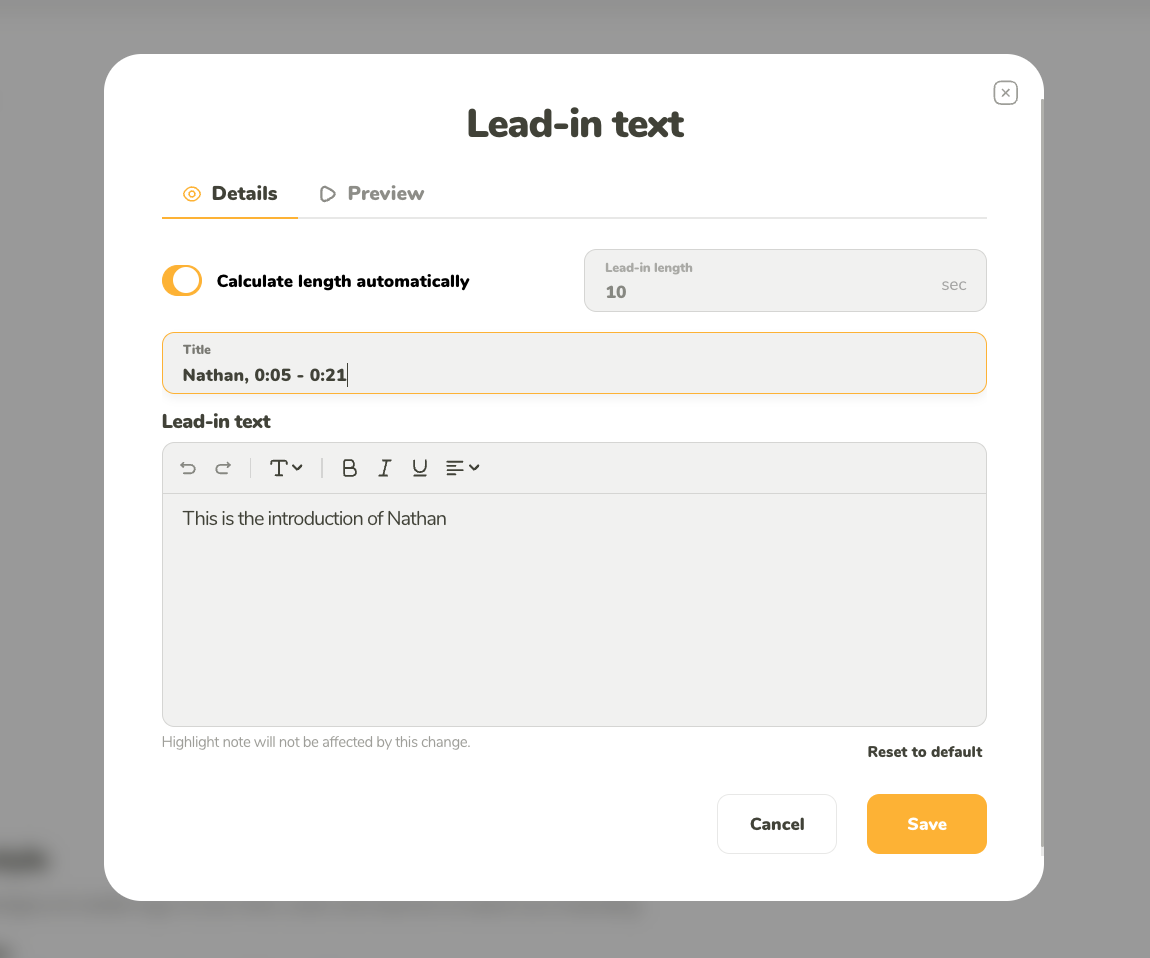 Lead-in, intro, and outro editor